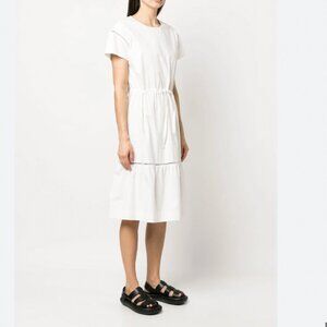 A.P.C. COTTON IDA DRESS IN WHITE WITH DRAW STRING WAIST AND OPEN STITCH WORK